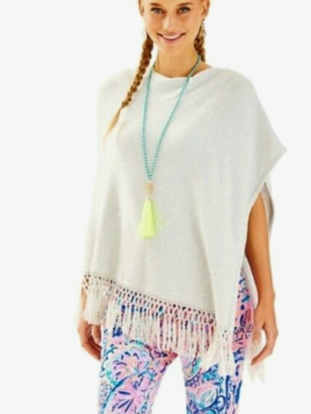 Lilly Pulitzer Florenna  Cotton Light Gray Fringe Cape Wrap